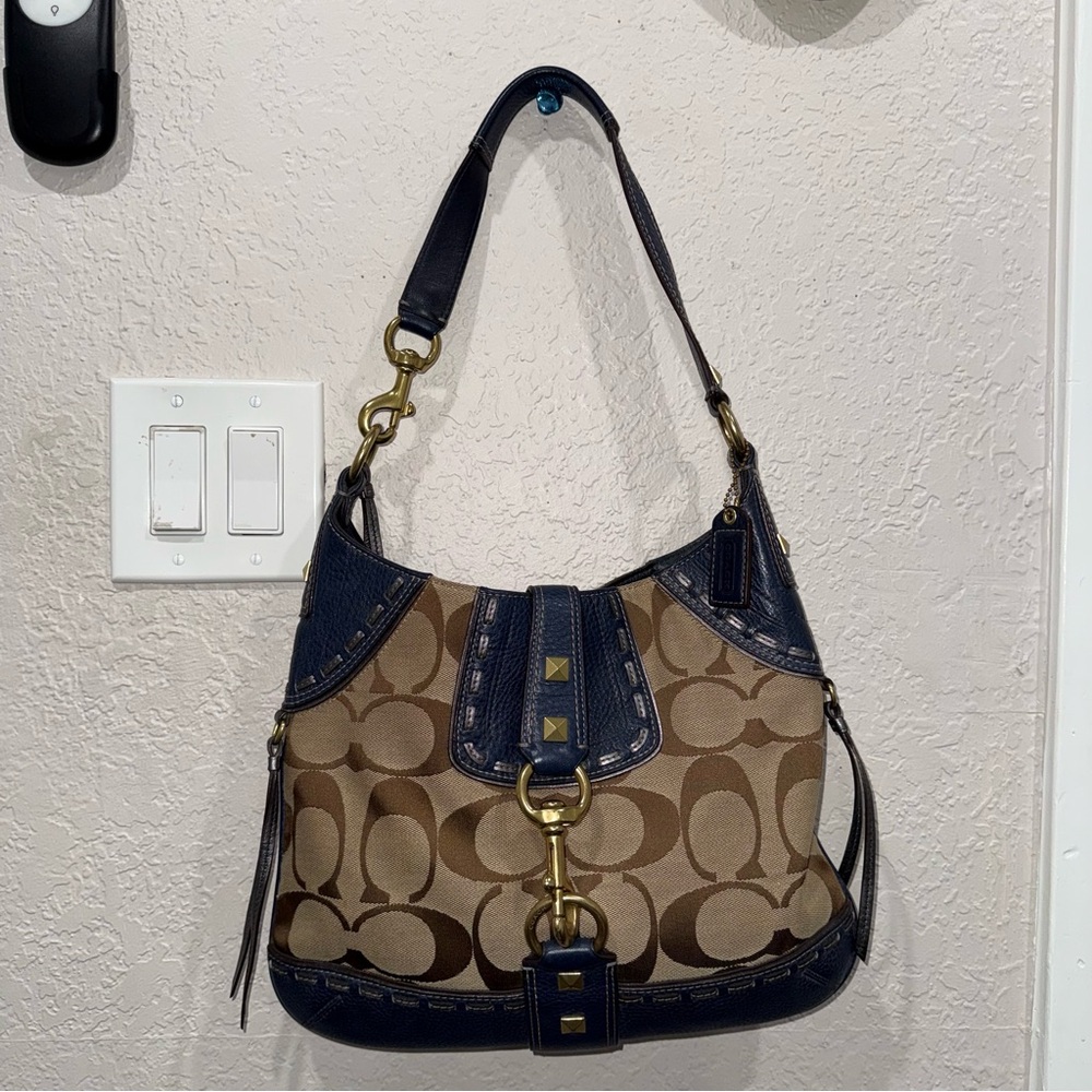 Vintage Coach Signature Brown and Blue Shoulder Bag